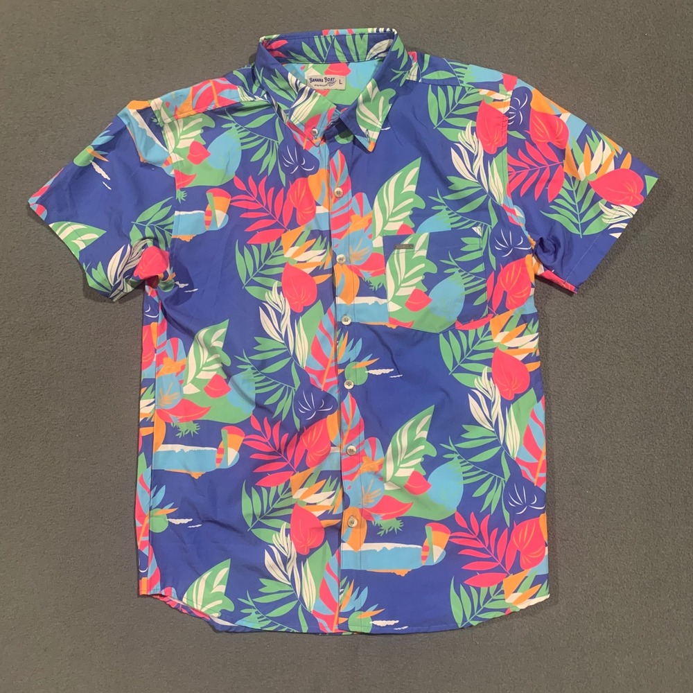Banana Boat Mens Button Down Shirt Size L Tropical Floral Short Sleeve UPF 50+‎